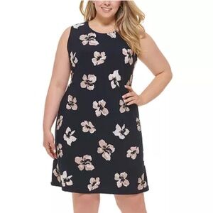 Tommy Hilfiger Printed Sleeveless Jersey Dress navy blue tan floral